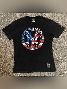 FUBU Black Tee with Red, White & Blue New Yorker Graphic